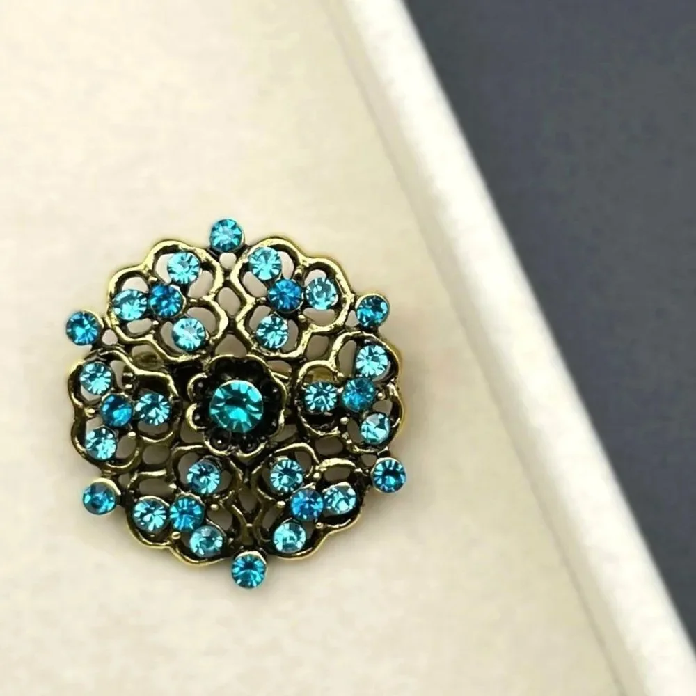 Yellow Gold with Blue Sapphire and Aquamarine Crystal Flower Pin Back Brooch